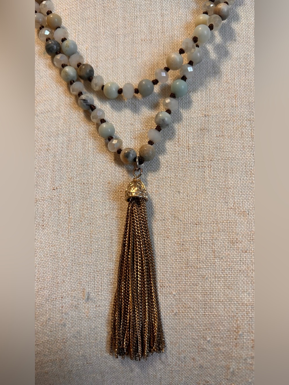 Layered Beaded Tassel Necklace in Sage and Gray Agate and Crystal beads - Picture 7 of 9